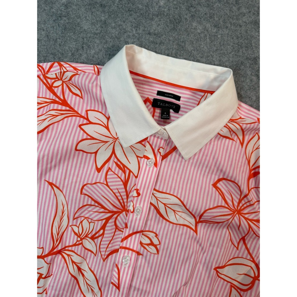 Talbots Non-Iron Pink Striped Floral Button Down Shirt White Contrast Collar 6